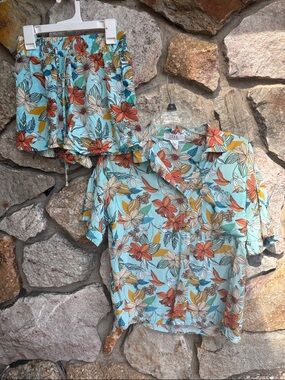 Floral Button-Down Hawaiian  Shirt & shorts in Aqua